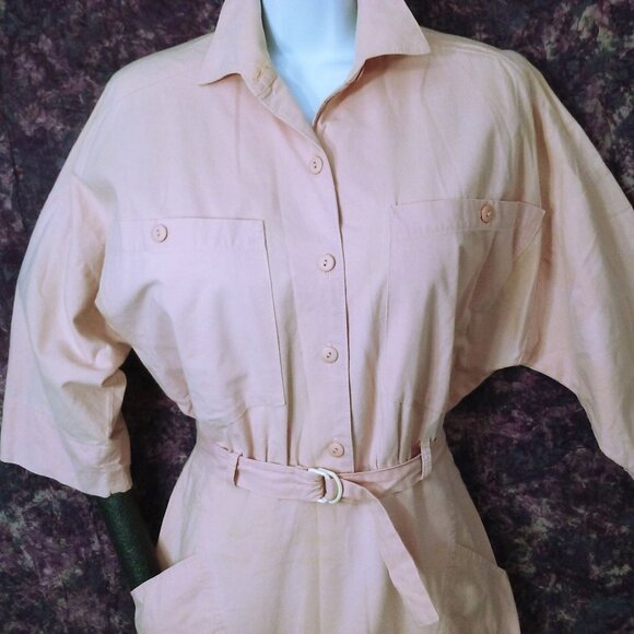 Vintage 80s Byer Too! Shirtwaist Dress -M(8) Pockets Buttons Power Shoulder Pink - Picture 2 of 14
